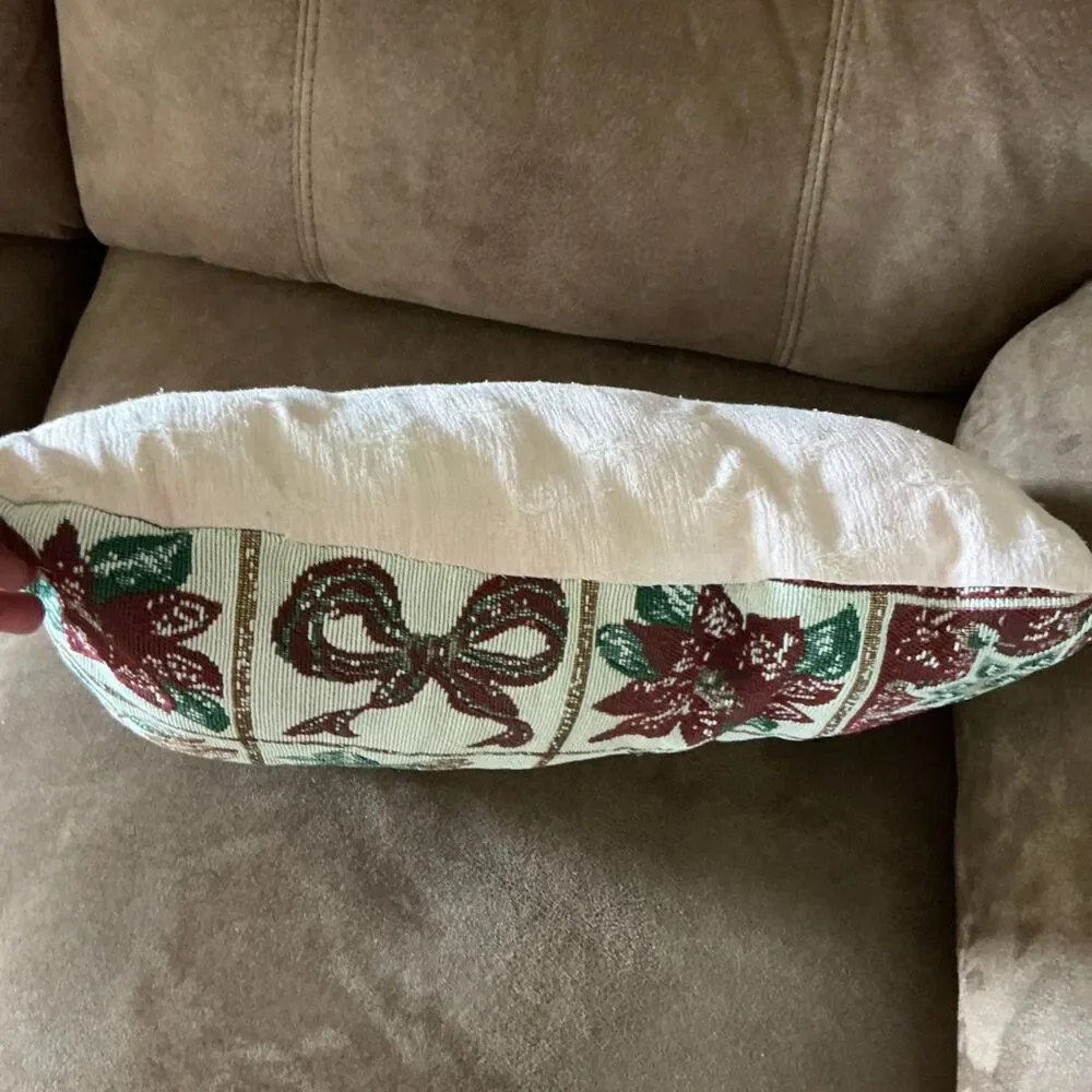 Vintage Christmas Tapestry Accent Pillow Woven Poinsettia Holly Wreath Holiday